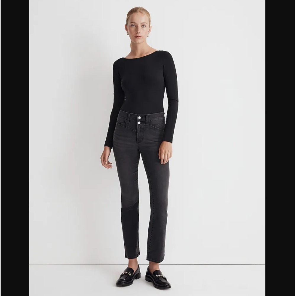 Madewell NEW NWT Womens Petite 24P Black Mid Rise Kick‎ Out Crop Jeans